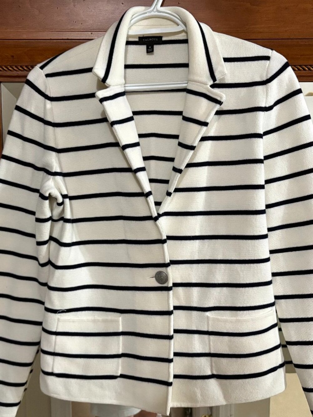 Talbots Nautical Striped Knit Blazer Women’s M Ivory Navy Breton Sweater Jacket